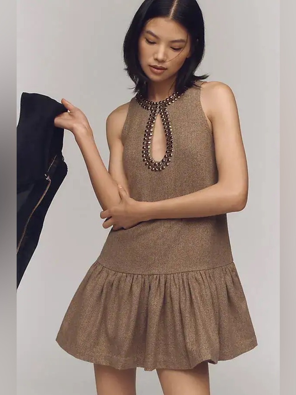 Anthropologie Brown Beaded Keyhole Drop-Hem Mini Dress